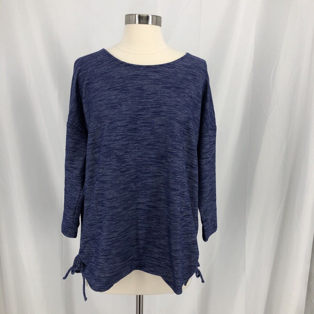 Chico's Weekends Side Cinch Ruched Knit Shirt Size 3 Blue 3/4 Sleeve Nautical